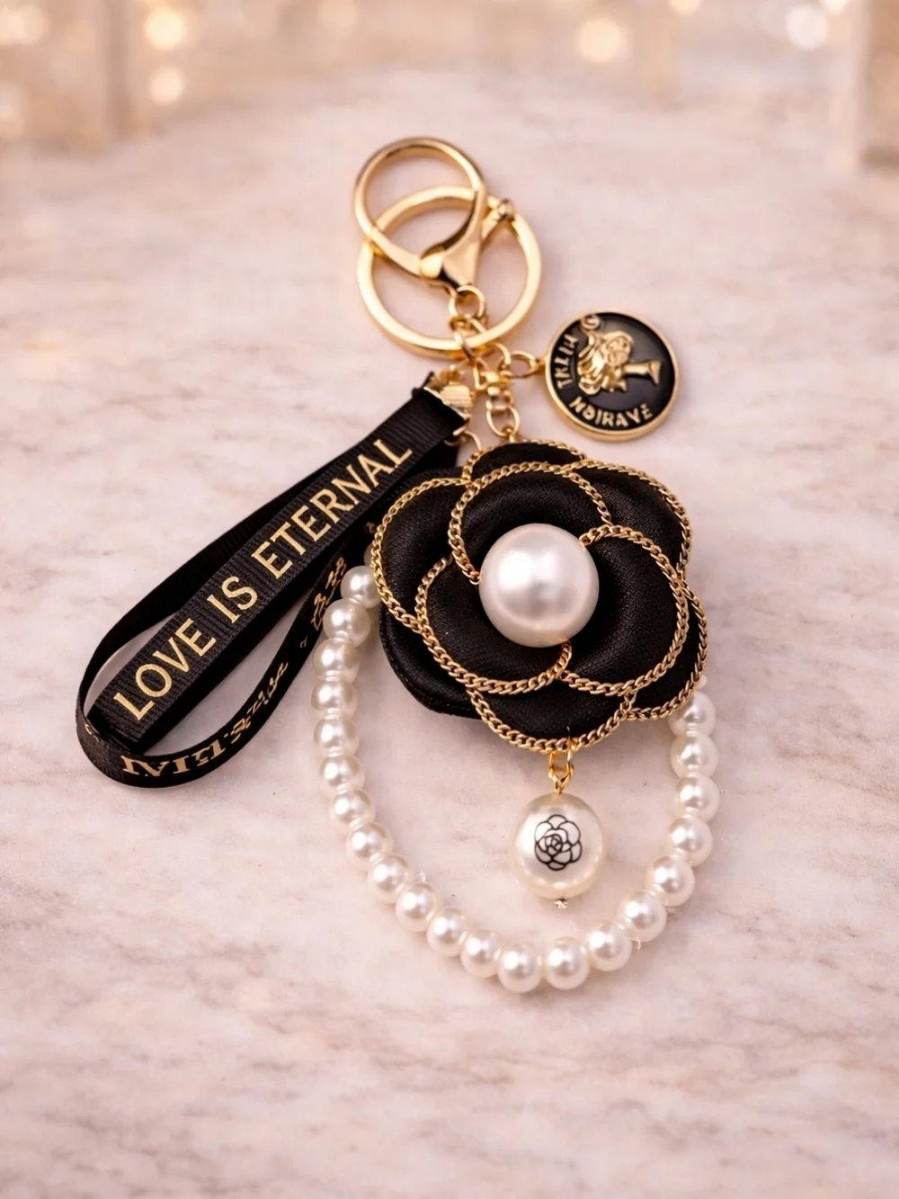 Black Camellia Floral Keychain / Bag Charm with Pearl Accents